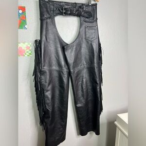 Leather King Black Leather Motorcycle Biker Riding Chaps Men’s XL fringe